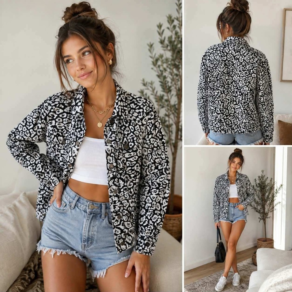 Jessica London Womens 16W Leopard Print Denim Jacket Black White Cotton Trucker
